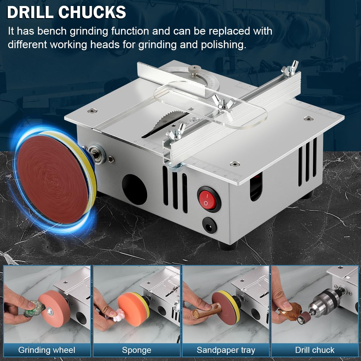 Nicklaua Mini Table Saw with drill chuck and sanding disc for versatile finishing