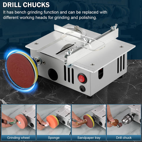 Nicklaua Mini Table Saw with drill chuck and sanding disc for versatile finishing