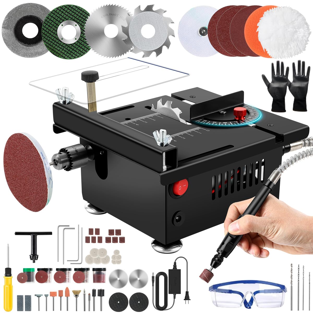 Nicklaua mini table saw with height adjustment for precise depth control.