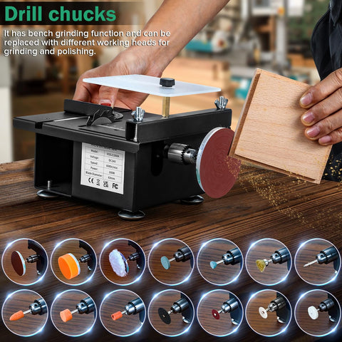 Nicklaua mini table saw multifunction setup with accessories for engraving and polishing.