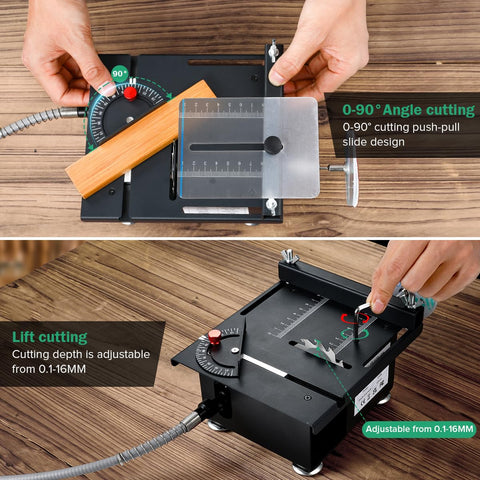 Nicklaua mini table saw safety shield protecting the user during operation.