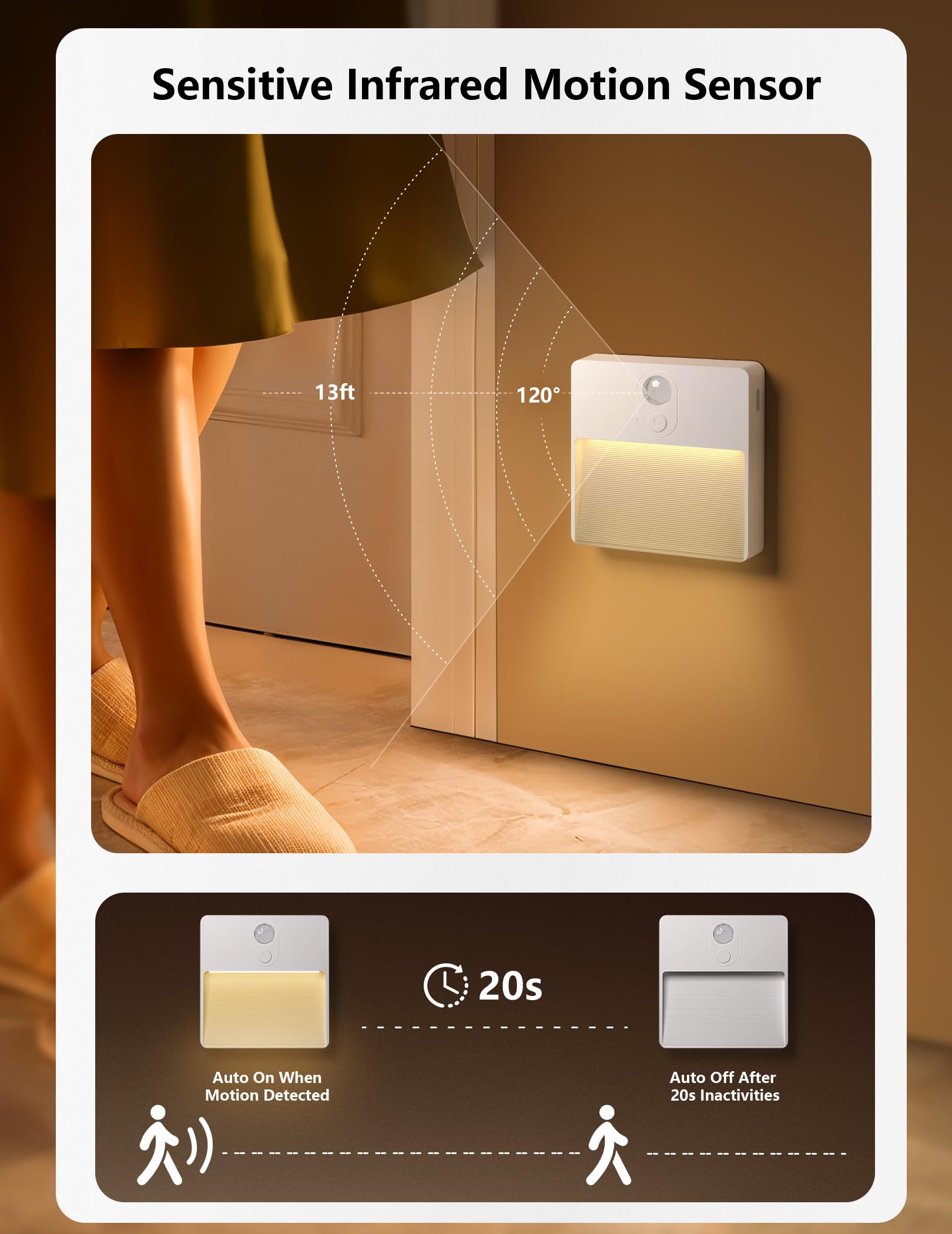 NICKLUC auto-off motion sensor activates on movement to save energy.