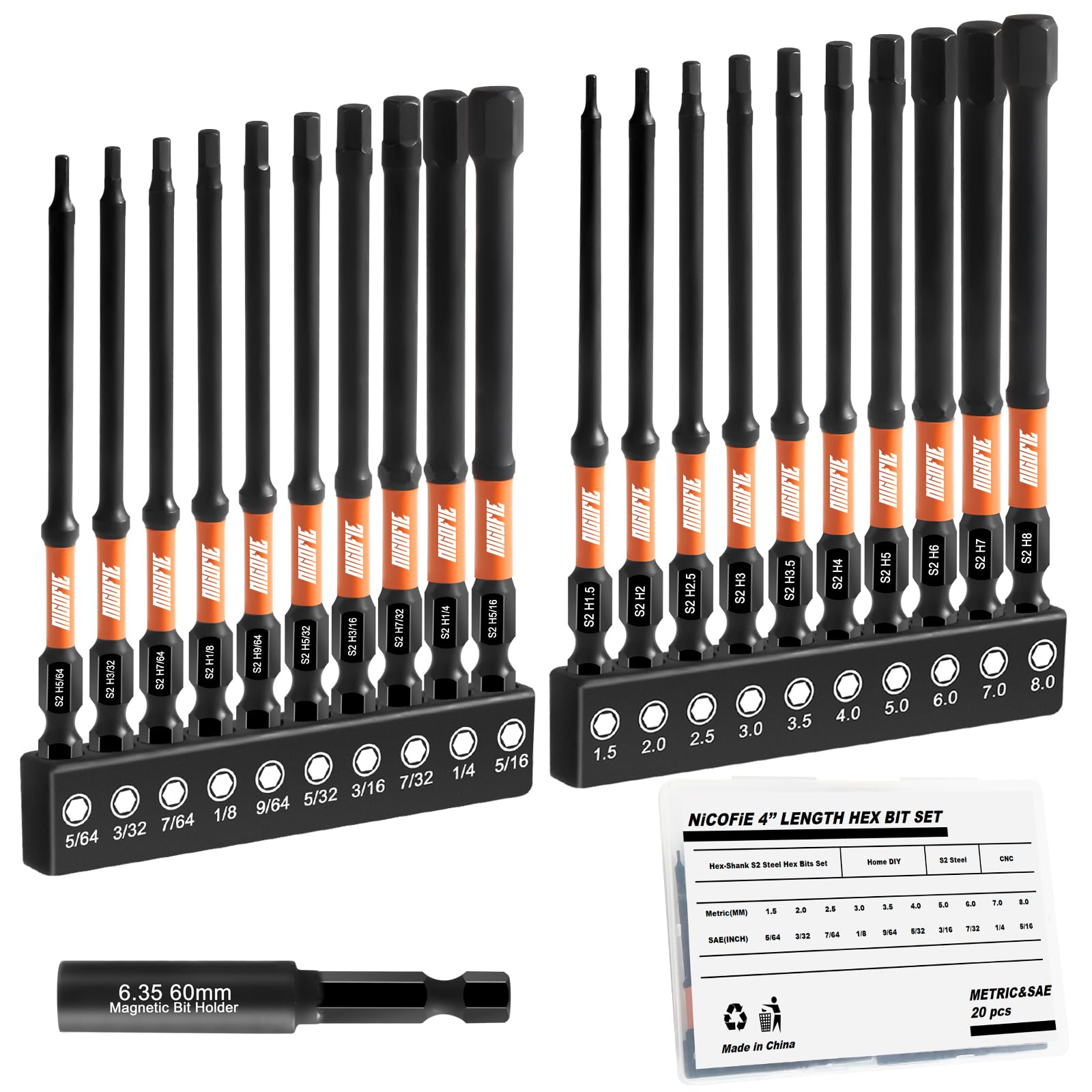 Nicofie impact 4in hex bit set for wide compatibility across fasteners.