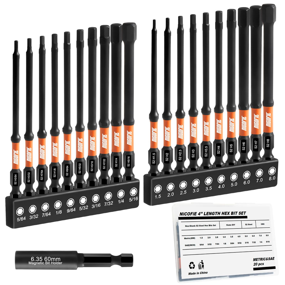 Nicofie impact 4in hex bit set for wide compatibility across fasteners.