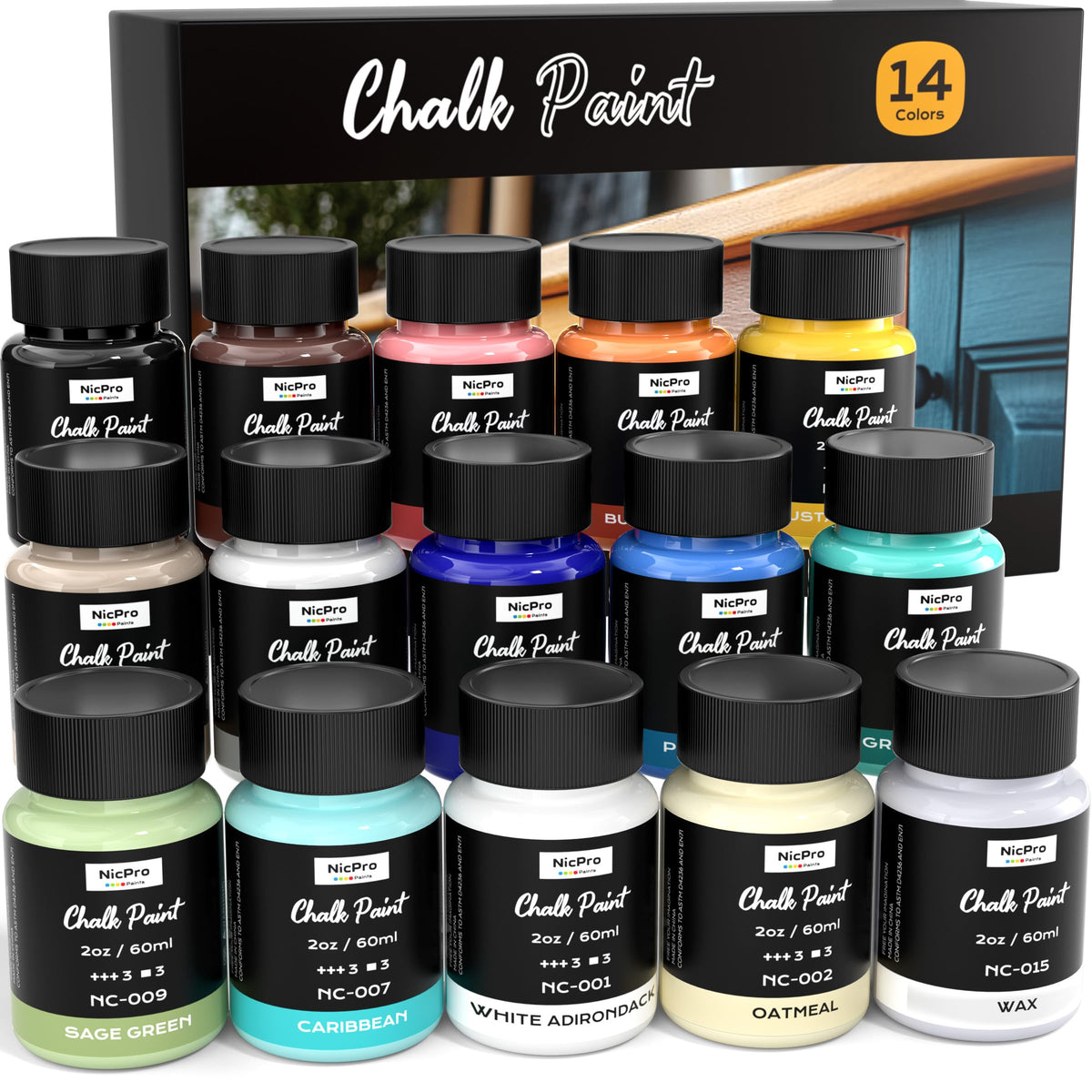 Nicpro 14-color chalk paint pack ideal for revitalizing wood furniture with rich hues.