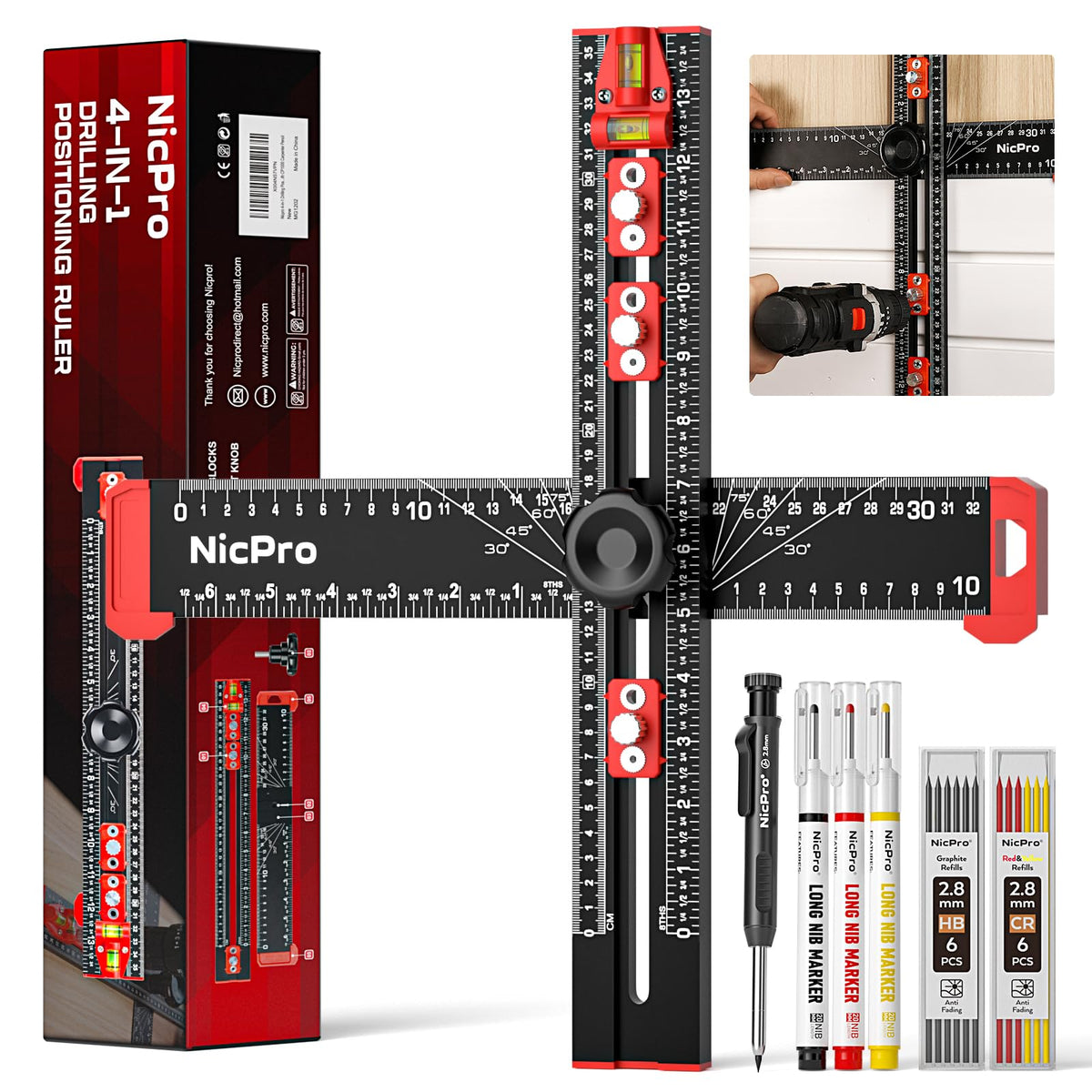 Nicpro 4-in-1 drilling ruler front view enables precise door handle alignment.