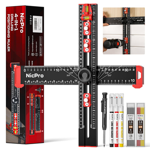 Nicpro 4-in-1 drilling ruler front view enables precise door handle alignment.
