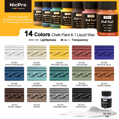 Nicpro chalk paint bottles close-up showing 2 oz sizes for small projects.