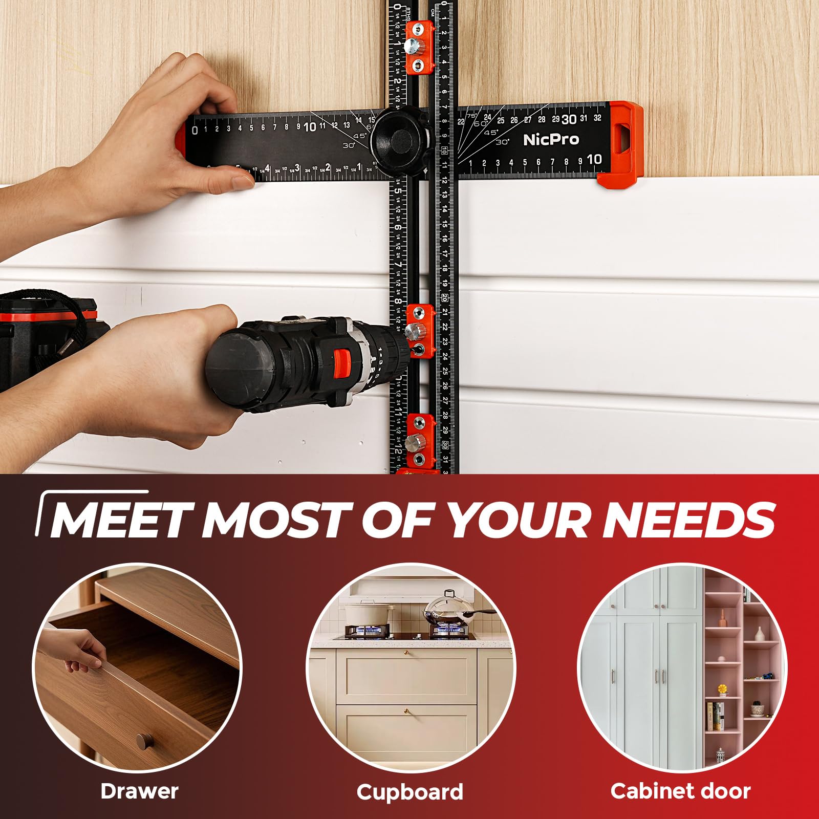 Nicpro drilling template tool supports hinges and drawer fronts with confidence.