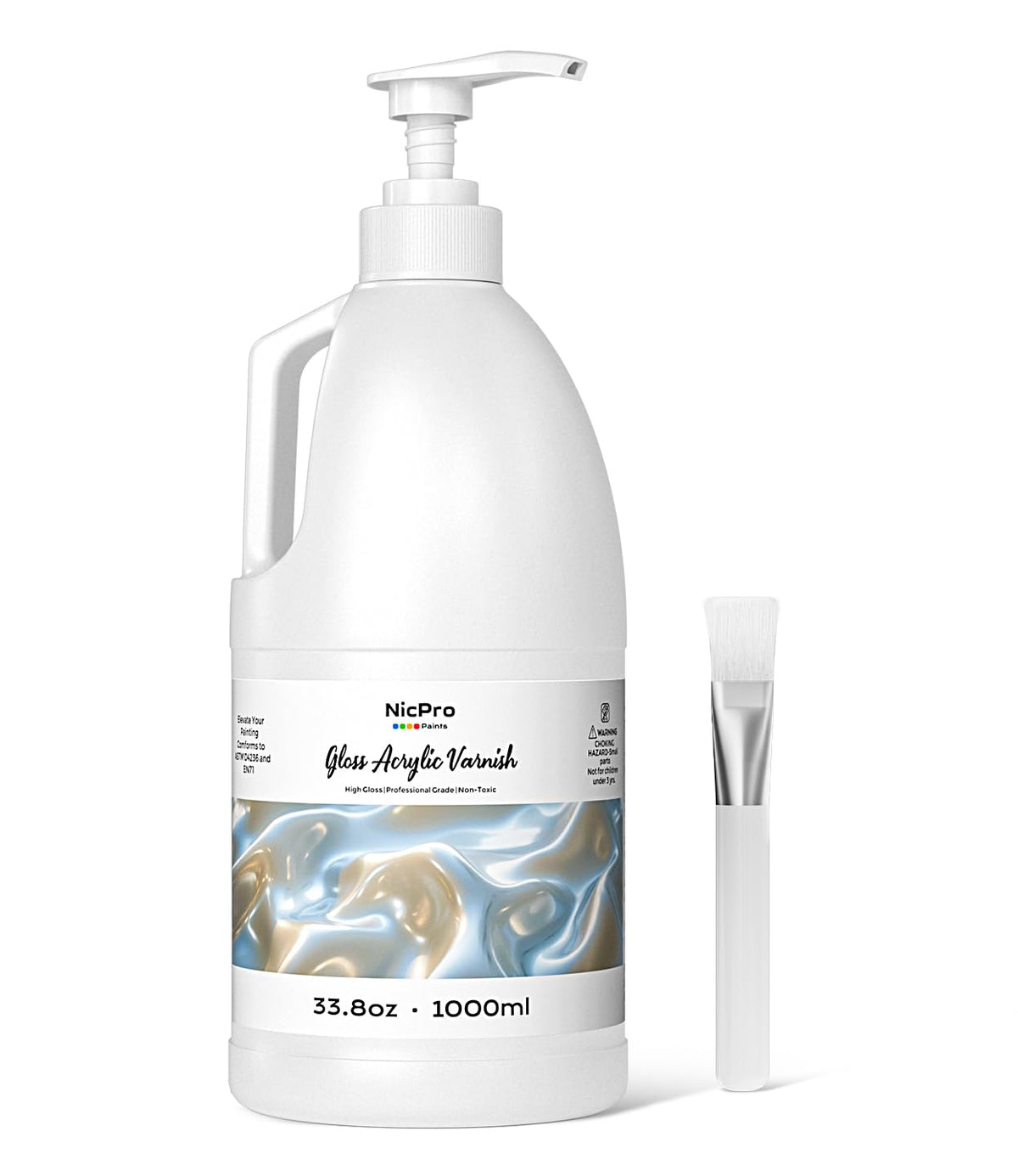 Nicpro gloss varnish bottle with pump for easy, mess-free application on large artworks.