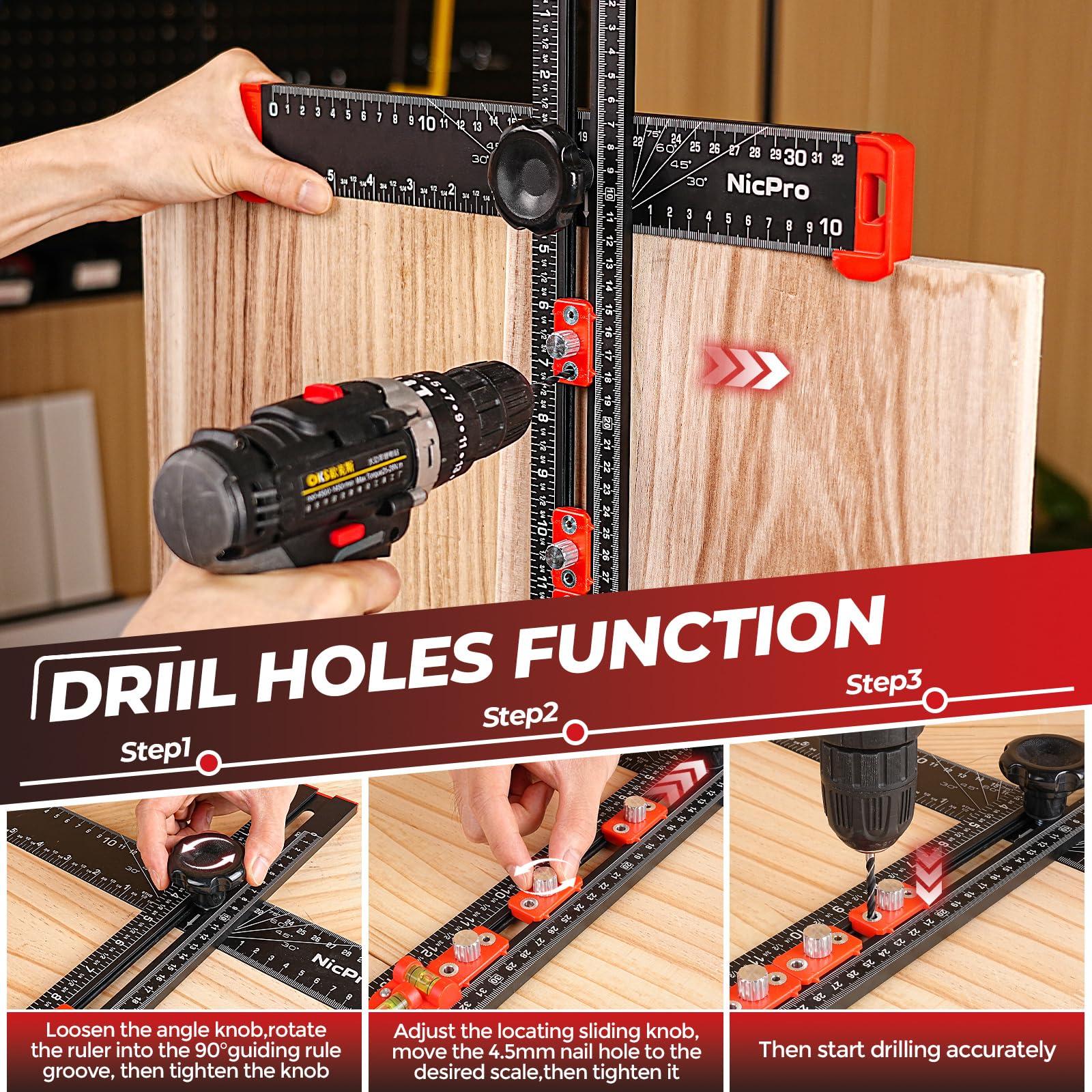 Nicpro locating blocks ensure straight, repeatable hole placements for cabinet drilling.