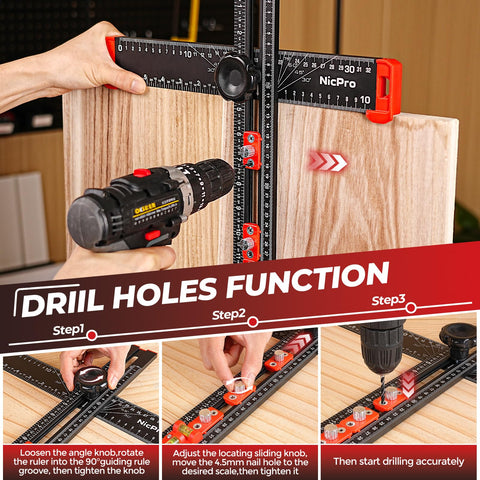 Nicpro locating blocks ensure straight, repeatable hole placements for cabinet drilling.