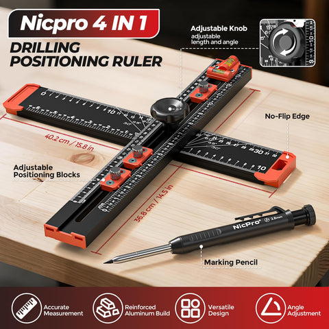 Nicpro T-square ruler folded design shows compact, portable use on-site.