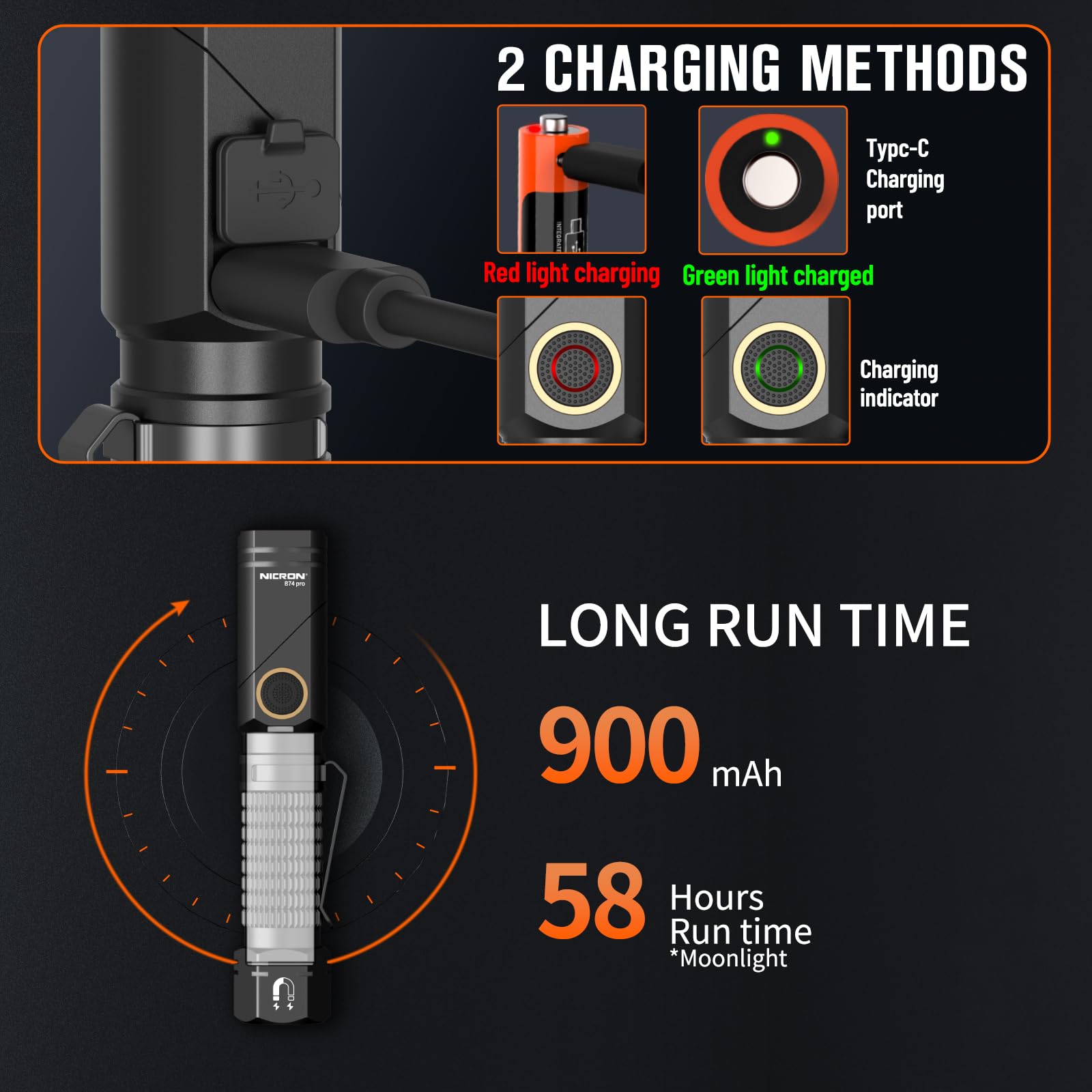 NICRON B74pro Type-C rechargeable flashlight for fast, convenient charging.