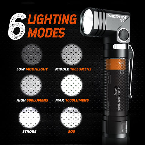 NICRON N9 flashlight 90-degree rotatable head enables versatile lighting angles