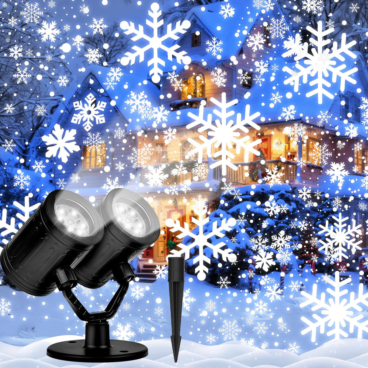 Nielfoi Christmas projector lights outdoor with dual head snowflakes for festive front yard ambiance.