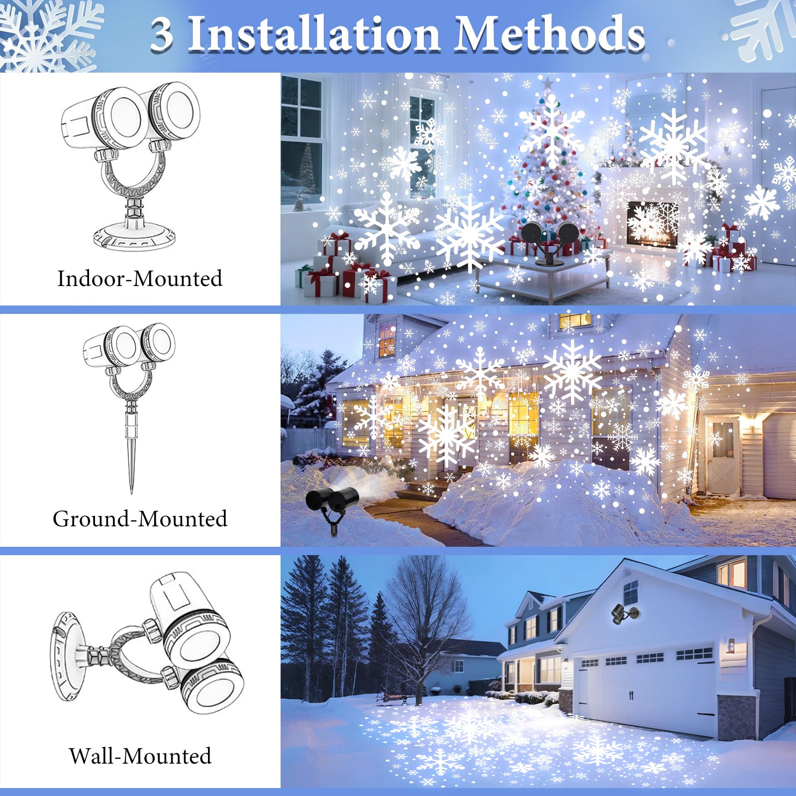 Nielfoi snowflake projection with four dynamic shapes for vivid holiday scenery.