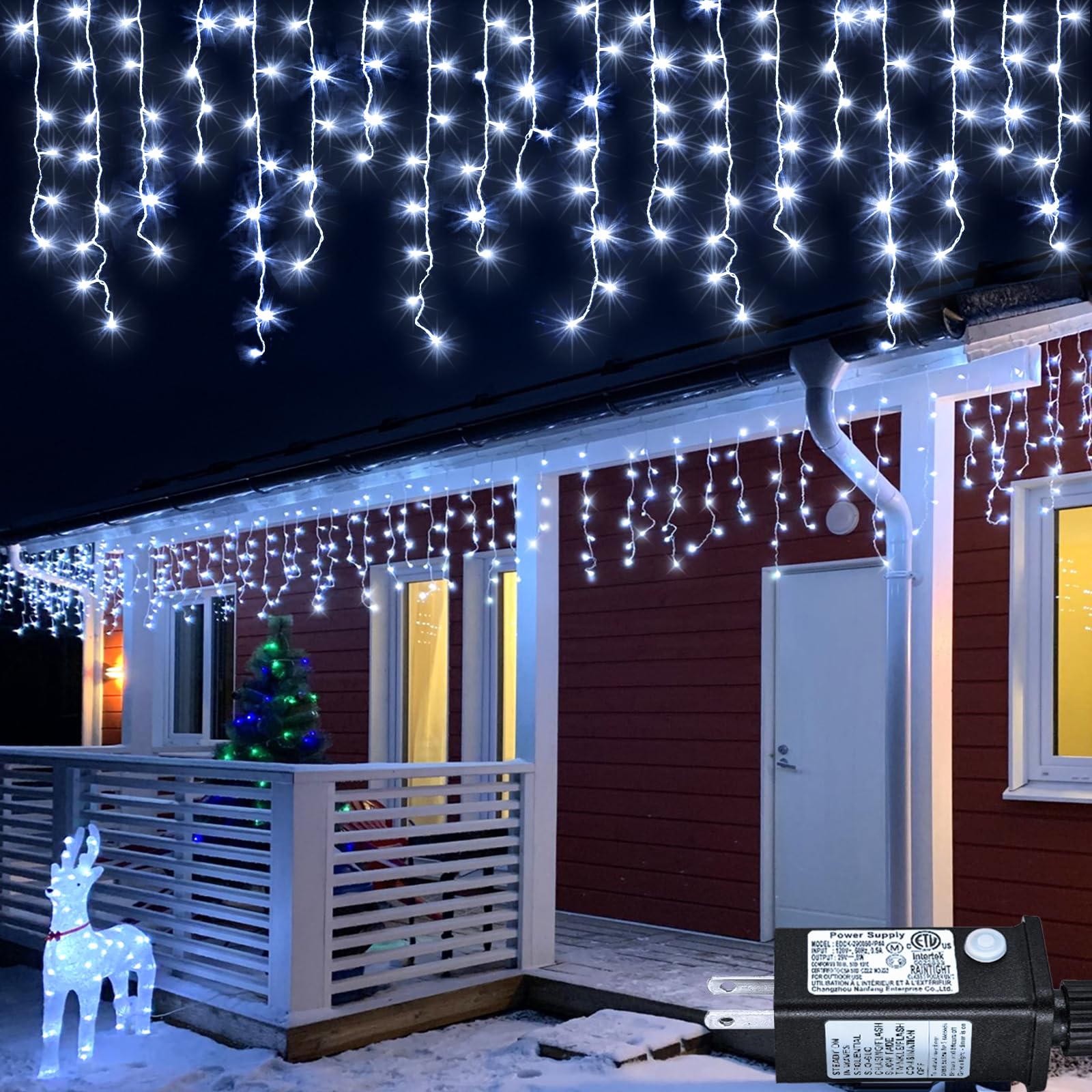 Nielfoi white outdoor icicle lights on porch create elegant winter glow