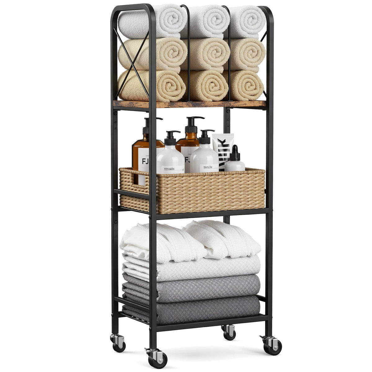 niffgaff 3-tier movable towel rack front view showing compact footprint and organized storage