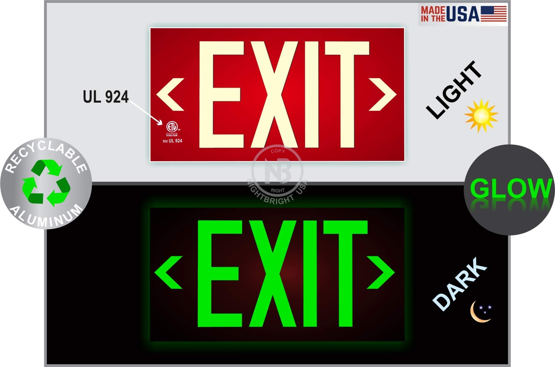 NightBright red exit sign measures 14.25 by 7.5 inches for clear visibility