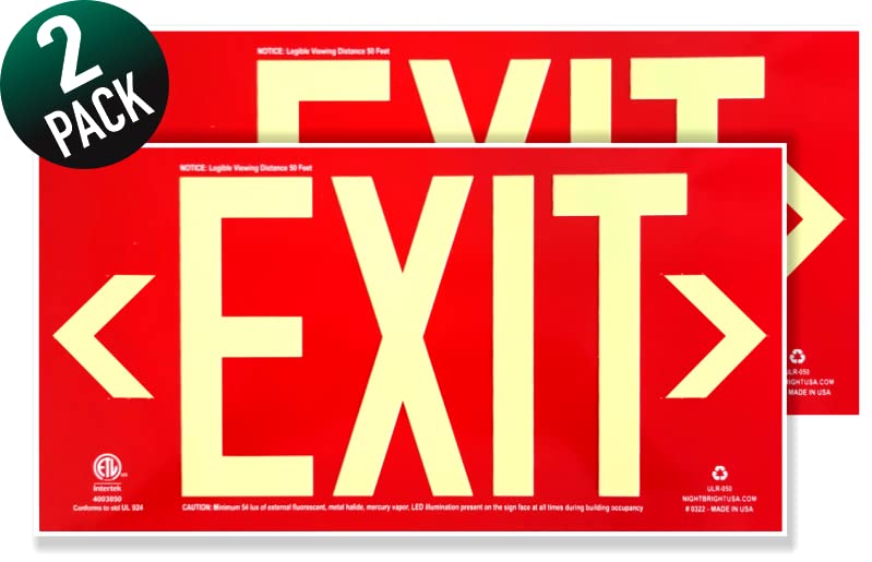 NightBright USA photoluminescent red exit sign two-pack glows for safe egress