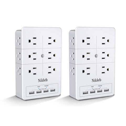 Nikleb surge protector with 12 outlets and 4 USB ports for organized charging.