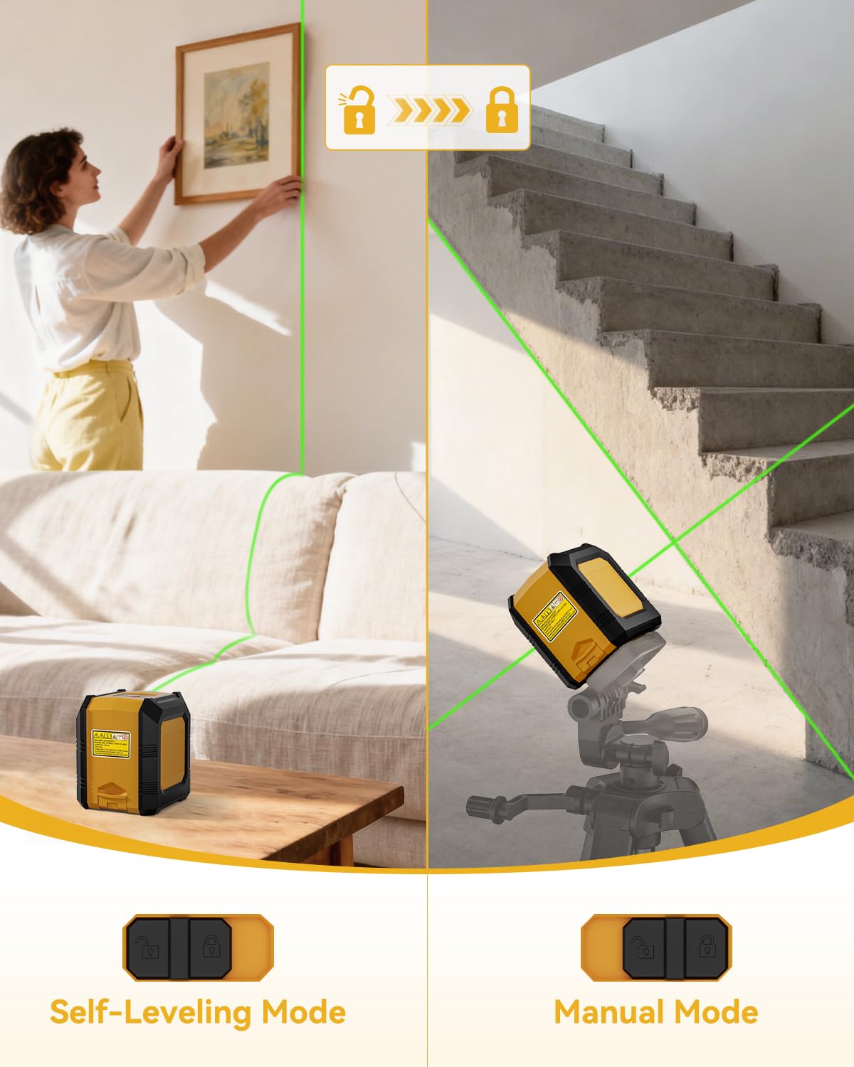 Nikotek laser level showing lock mode and side button for easy control
