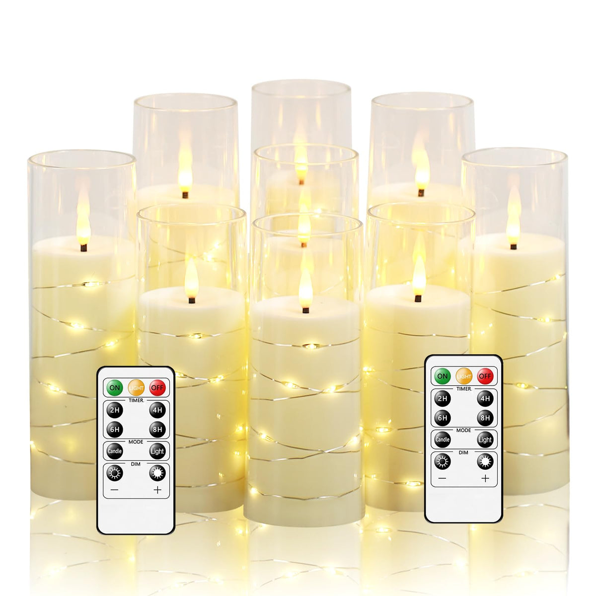 Nimiko flickering flameless candles with embedded star string in ivory finish.