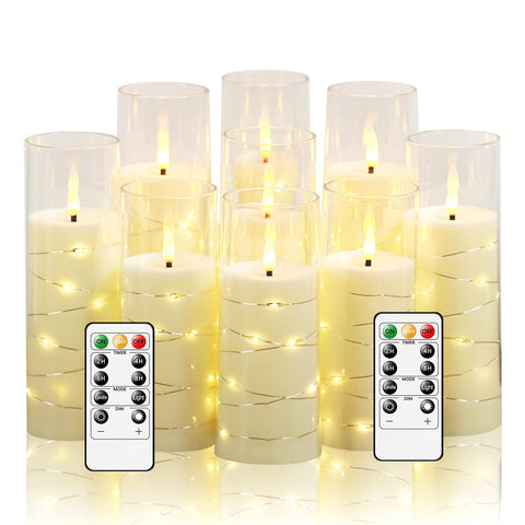 Nimiko flickering flameless candles with embedded star string in ivory finish.