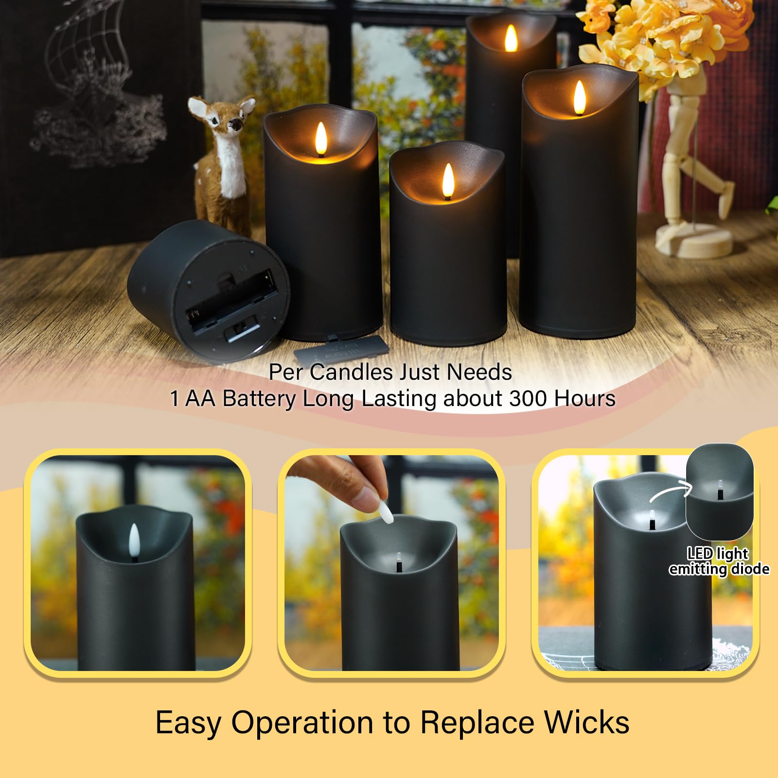 Nimiko remote-controlled candles show a realistic flicker up close.