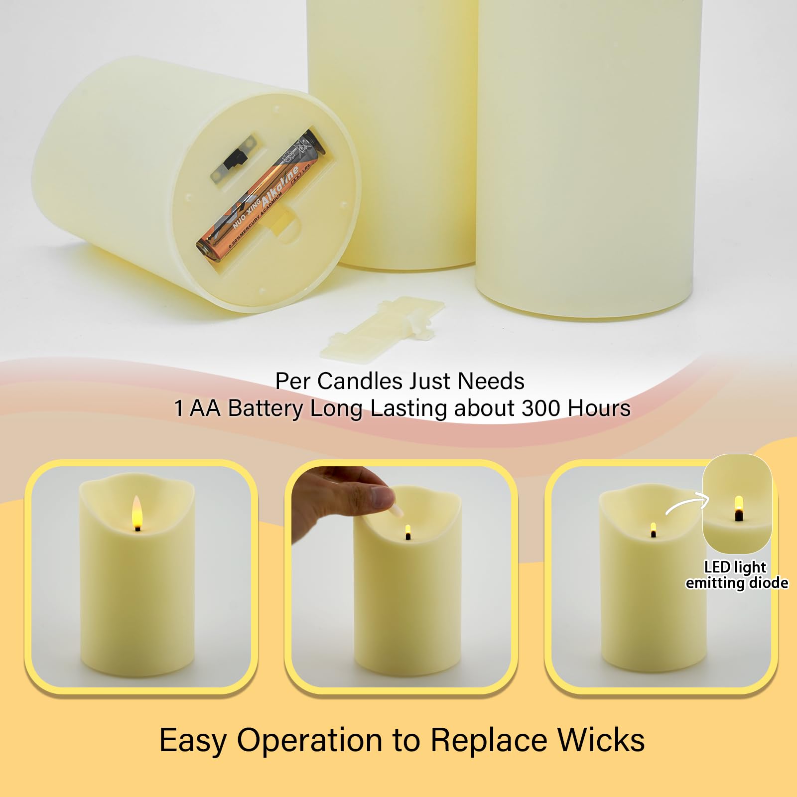 Nimiko LED candle close-up showing realistic flicker and 3D wick.