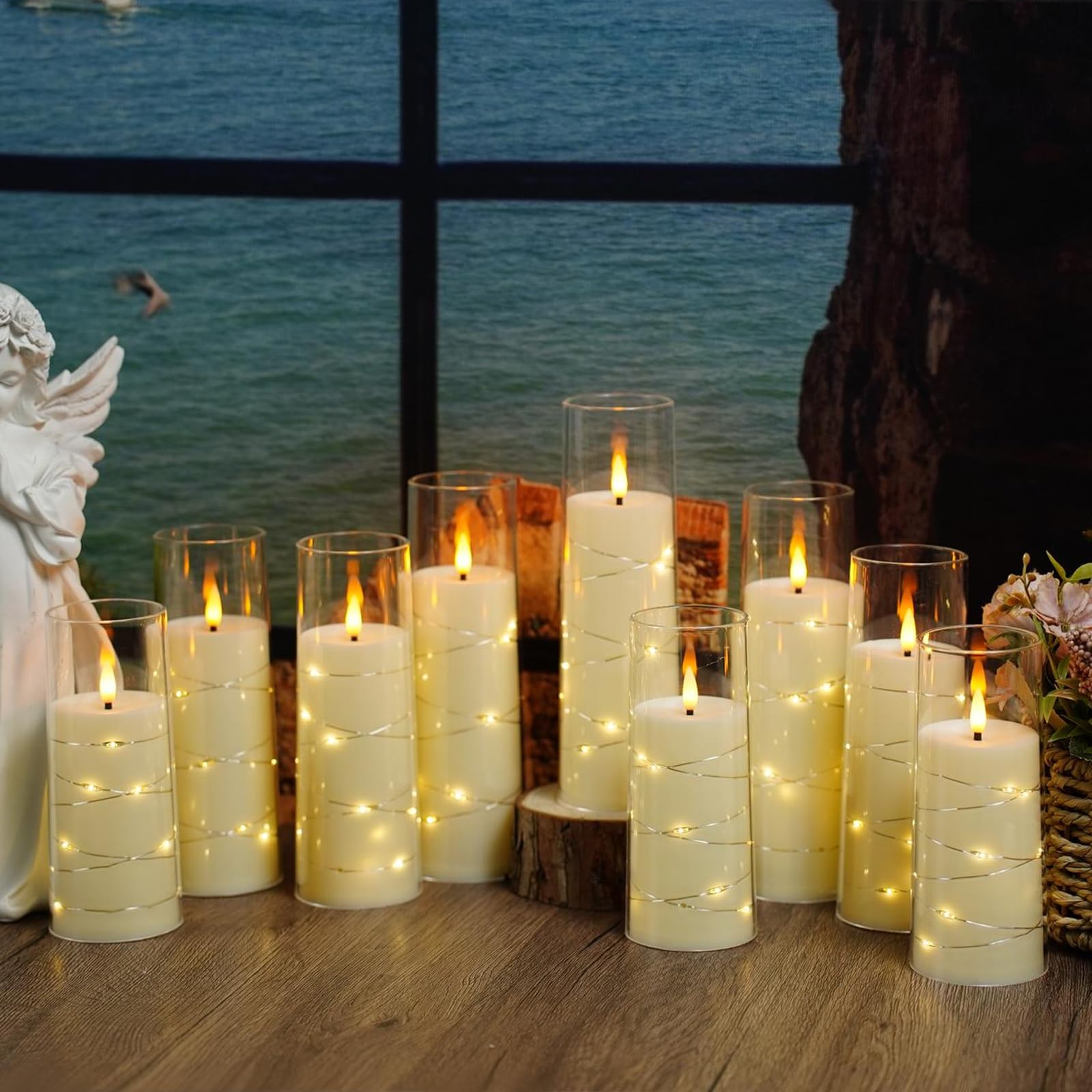Mantel display using Nimiko flameless candles for warm, inviting decor.