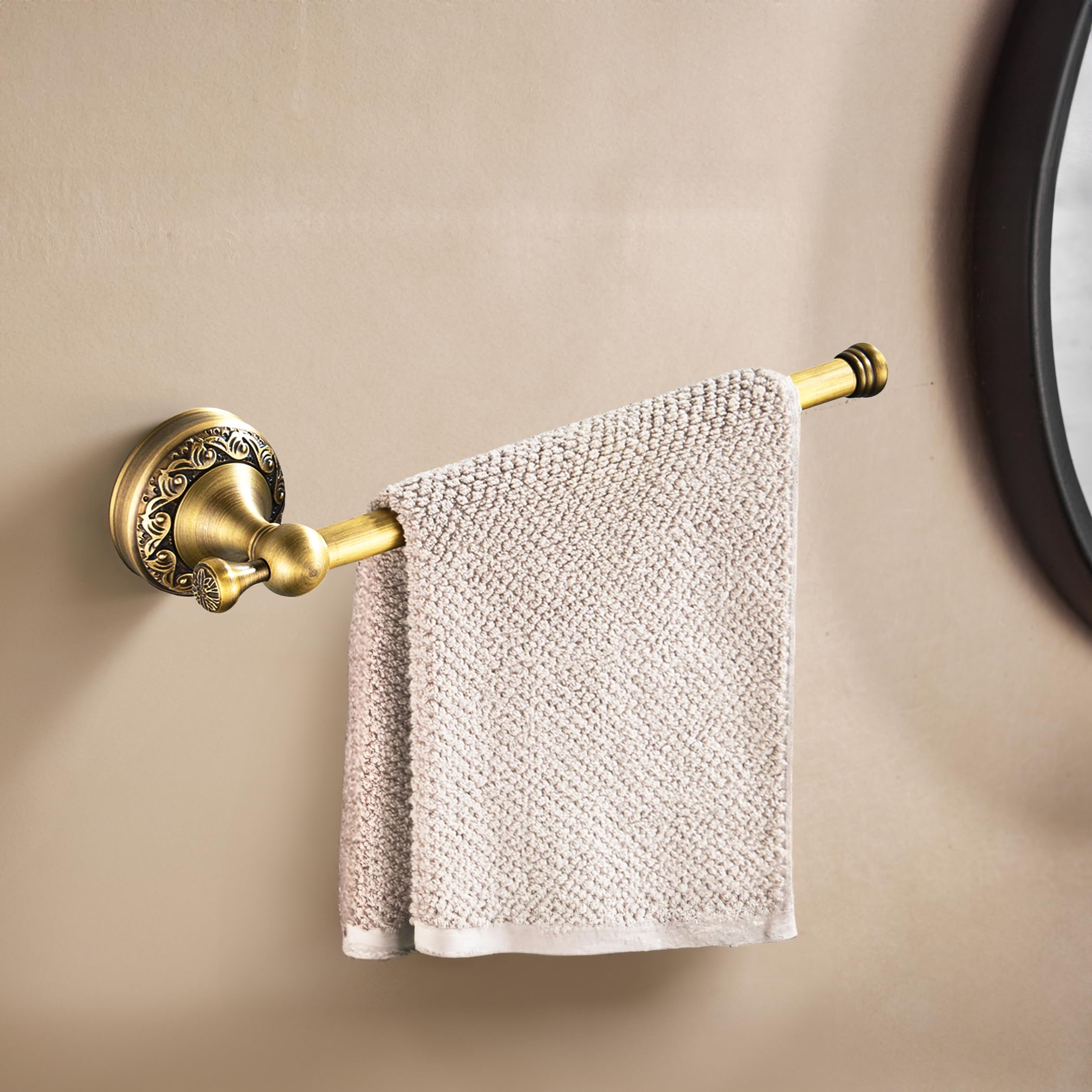 Close-up of NIMURY antique finish highlighting durable hardware.