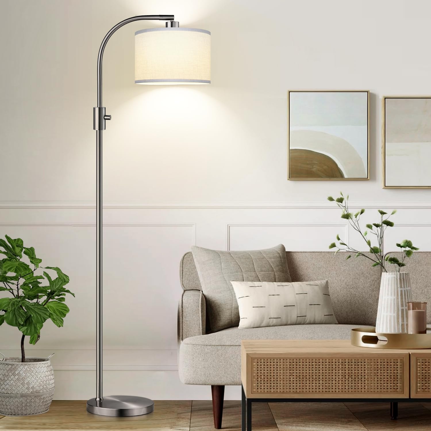 Nintiue arc dimmable floor lamp with linen shade for versatile living room lighting.