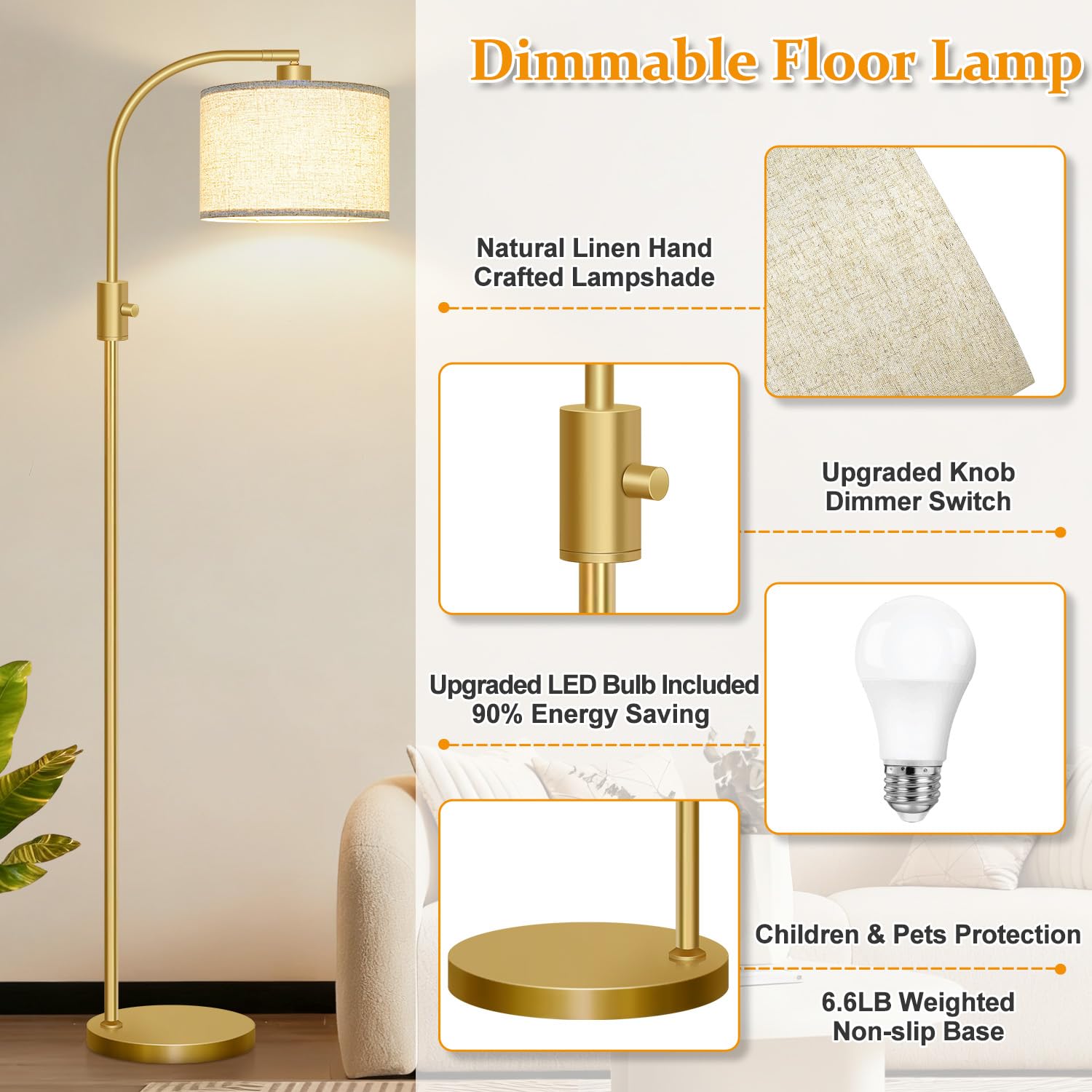 Nintiue Arc floor lamp gold reading angle showing adjustable comfort