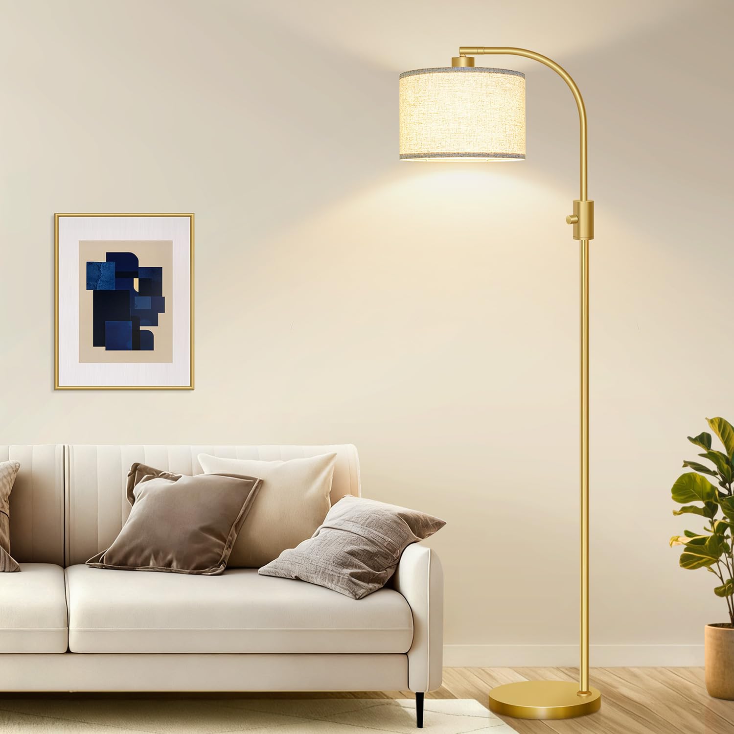 Nintiue Arc floor lamp gold linen shade complements modern decor