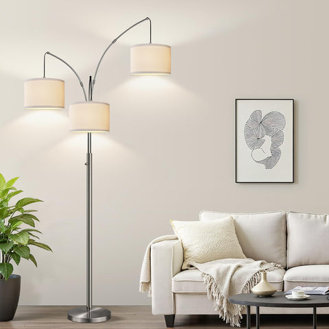 Nintiue dimmable arc floor lamp with three lights in brushed nickel for versatile living room lighting.