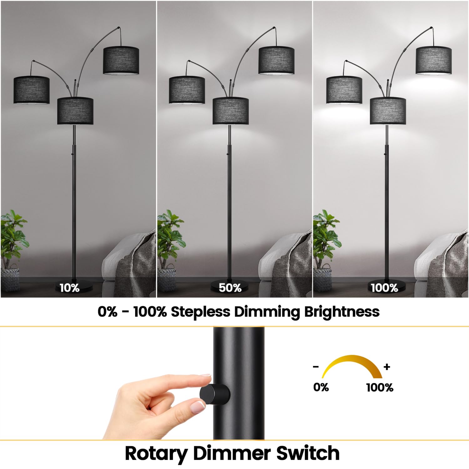 Nintiue arc arms with 360-degree rotation for flexible lighting angles.