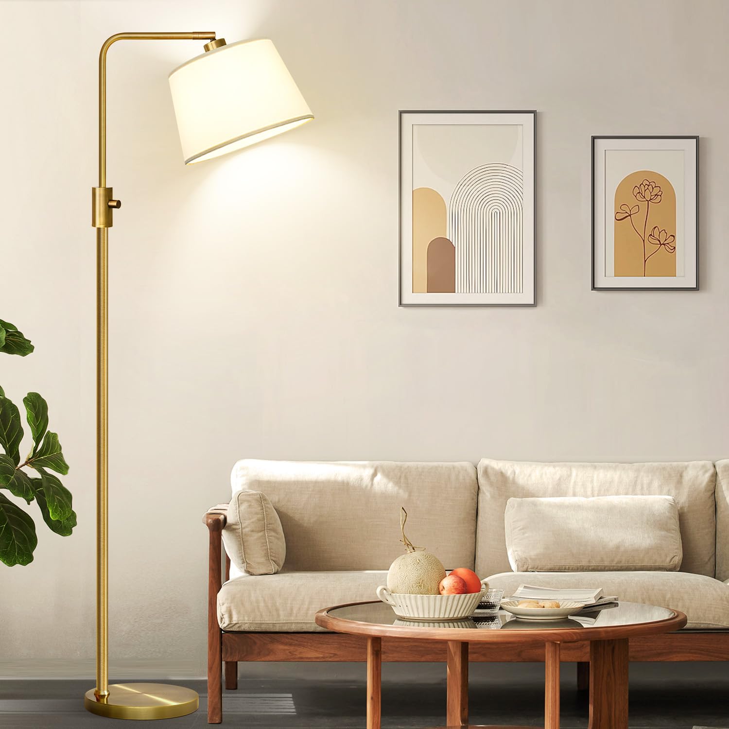 Nintiue dimmable arc floor lamp with brass base enhances living room ambience.