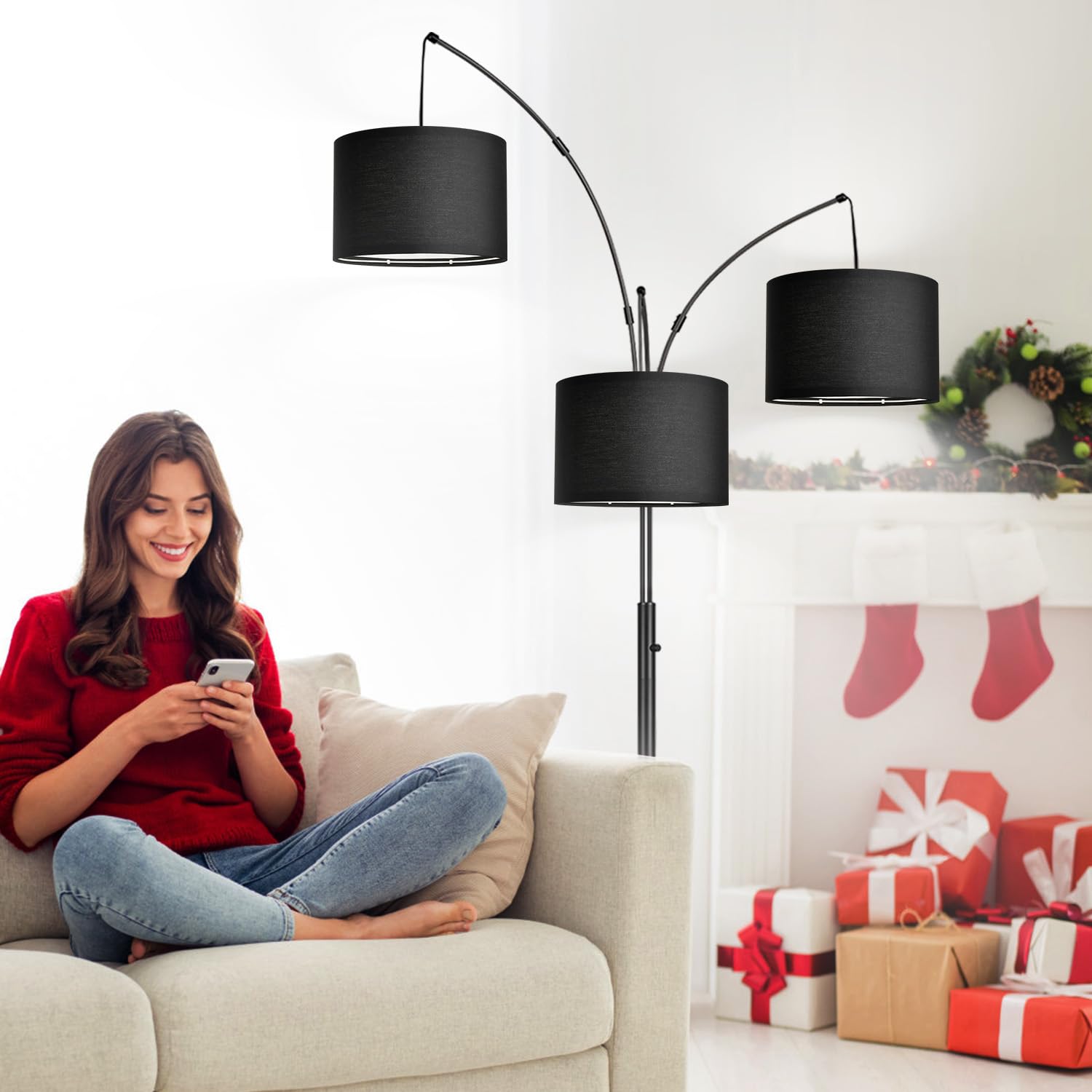 Nintiue three-light arc design increases lighting range across living spaces.