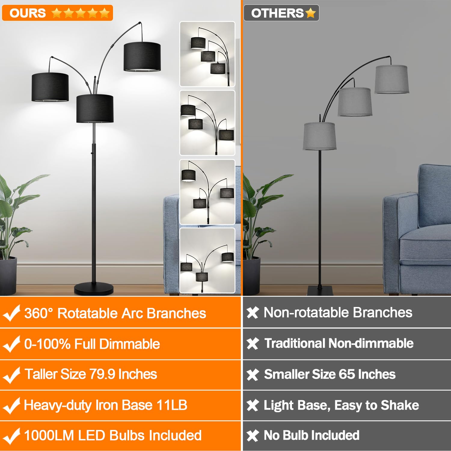 Nintiue tall lamp with a sturdy marble base providing stable placement near furniture.