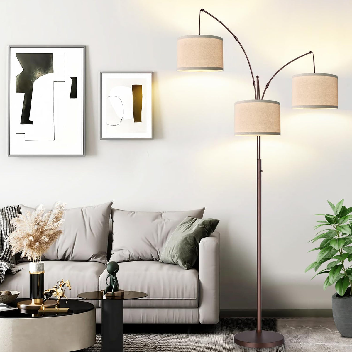 Nintiue dimmable arc floor lamp with three arms and brown base for versatile living spaces.