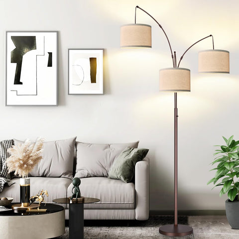 Nintiue dimmable arc floor lamp with three arms and brown base for versatile living spaces.