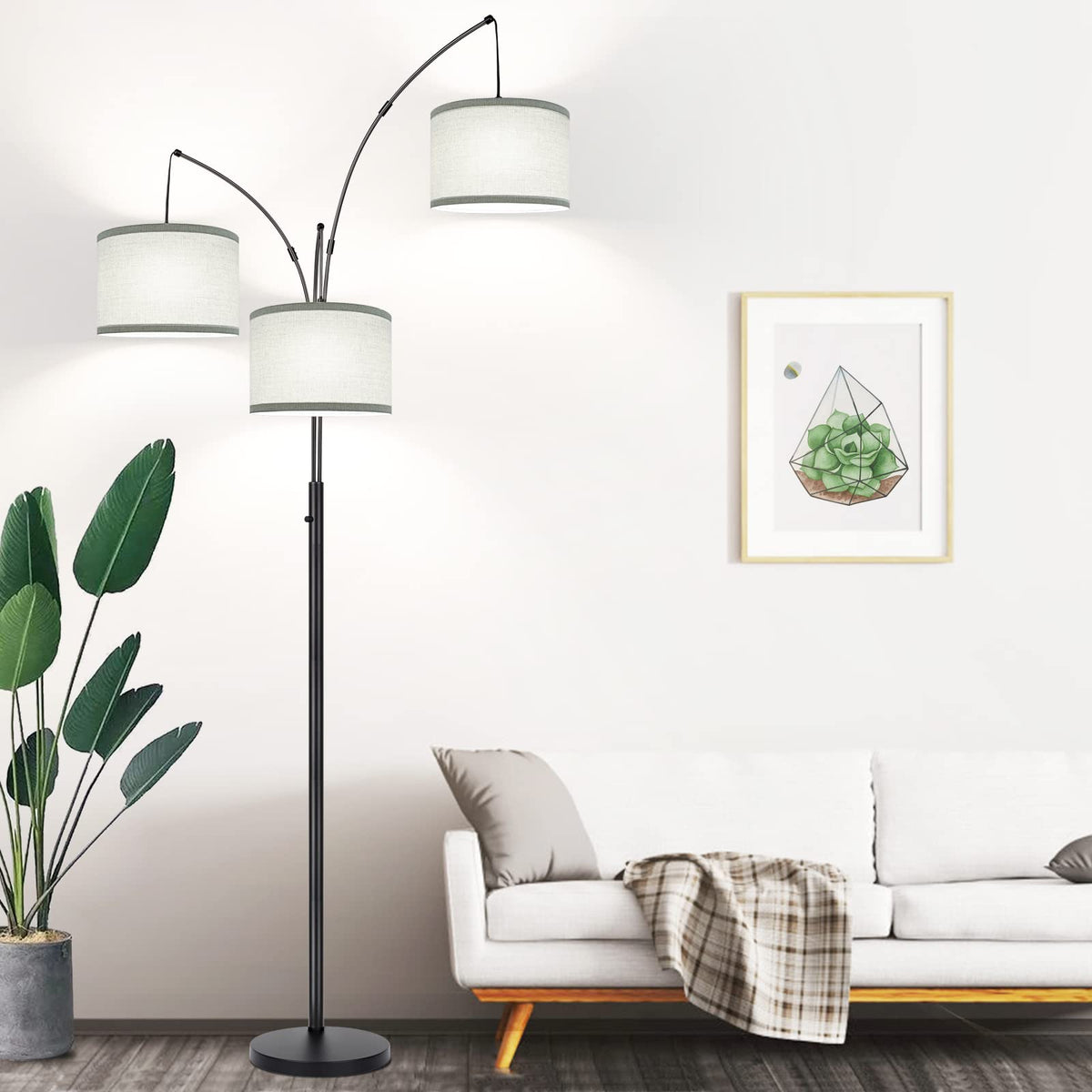 Nintiue dimmable floor lamp with three arc lights for versatile living room ambiance