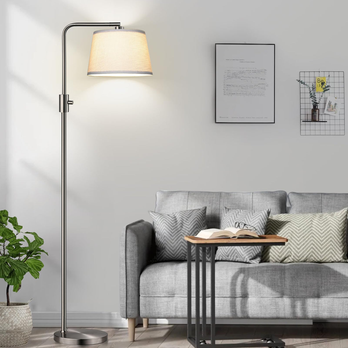 Nintiue dimmable arc floor lamp showing adjustable brightness for mood lighting in a modern living room