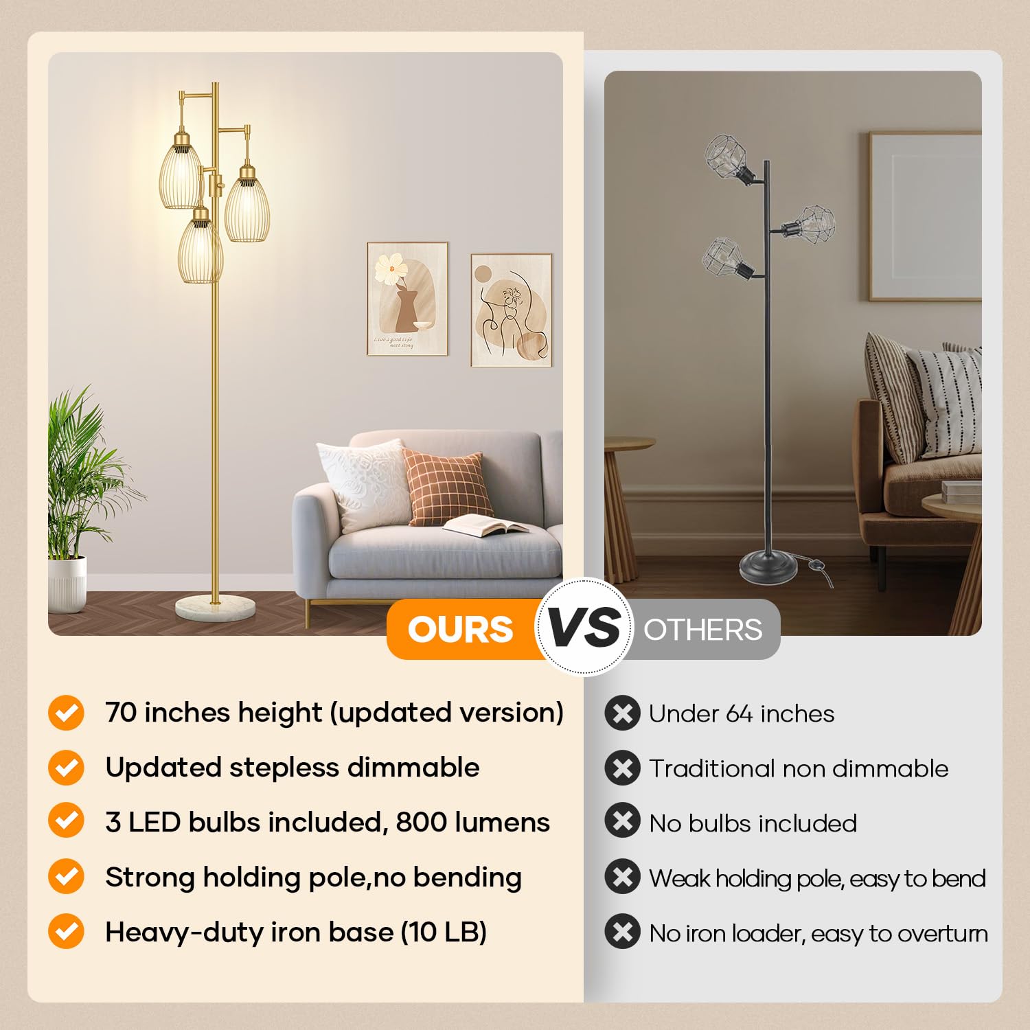Nintiue farmhouse industrial floor lamp with gold marble base.