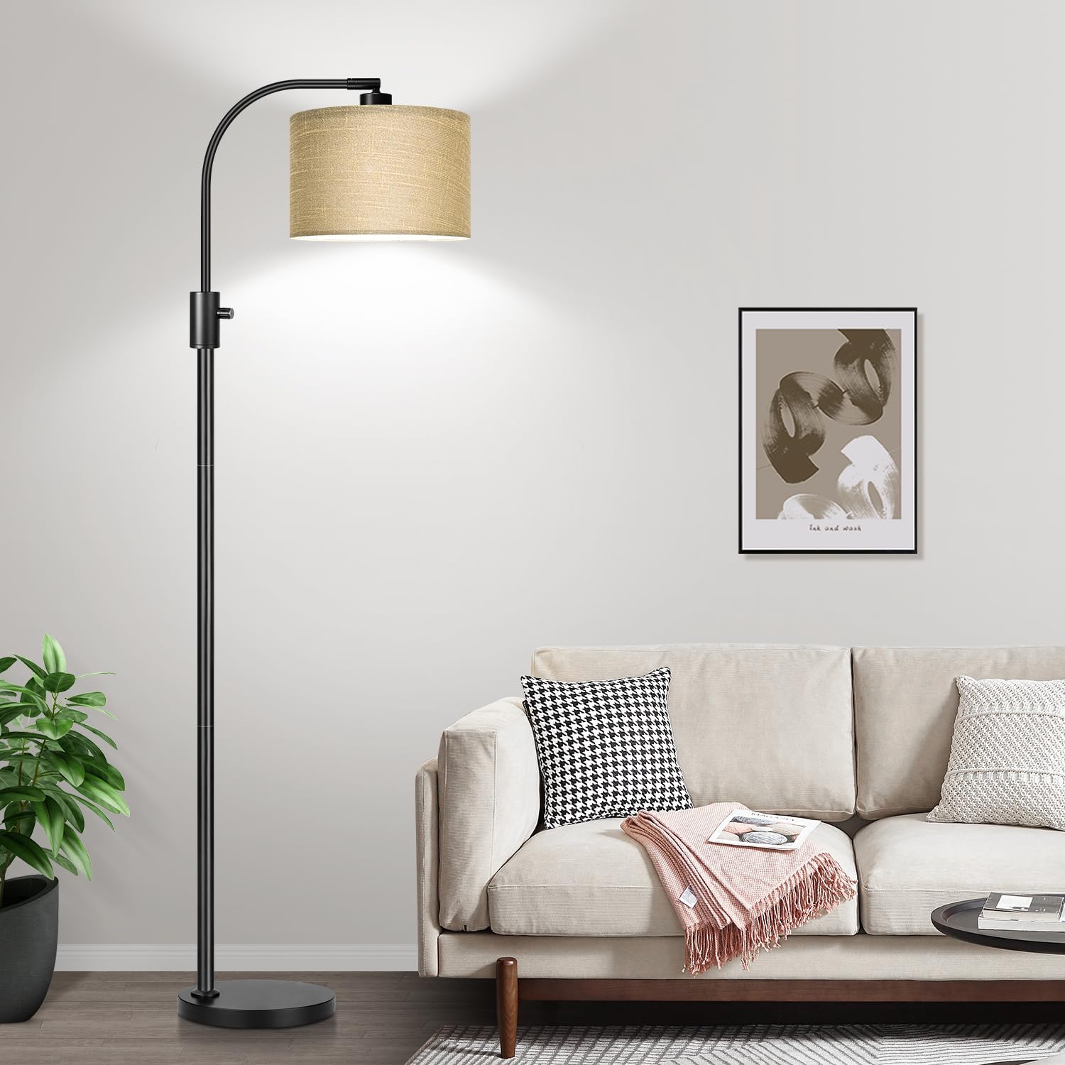 Nintiue tall lamp in living room with warm ambience.