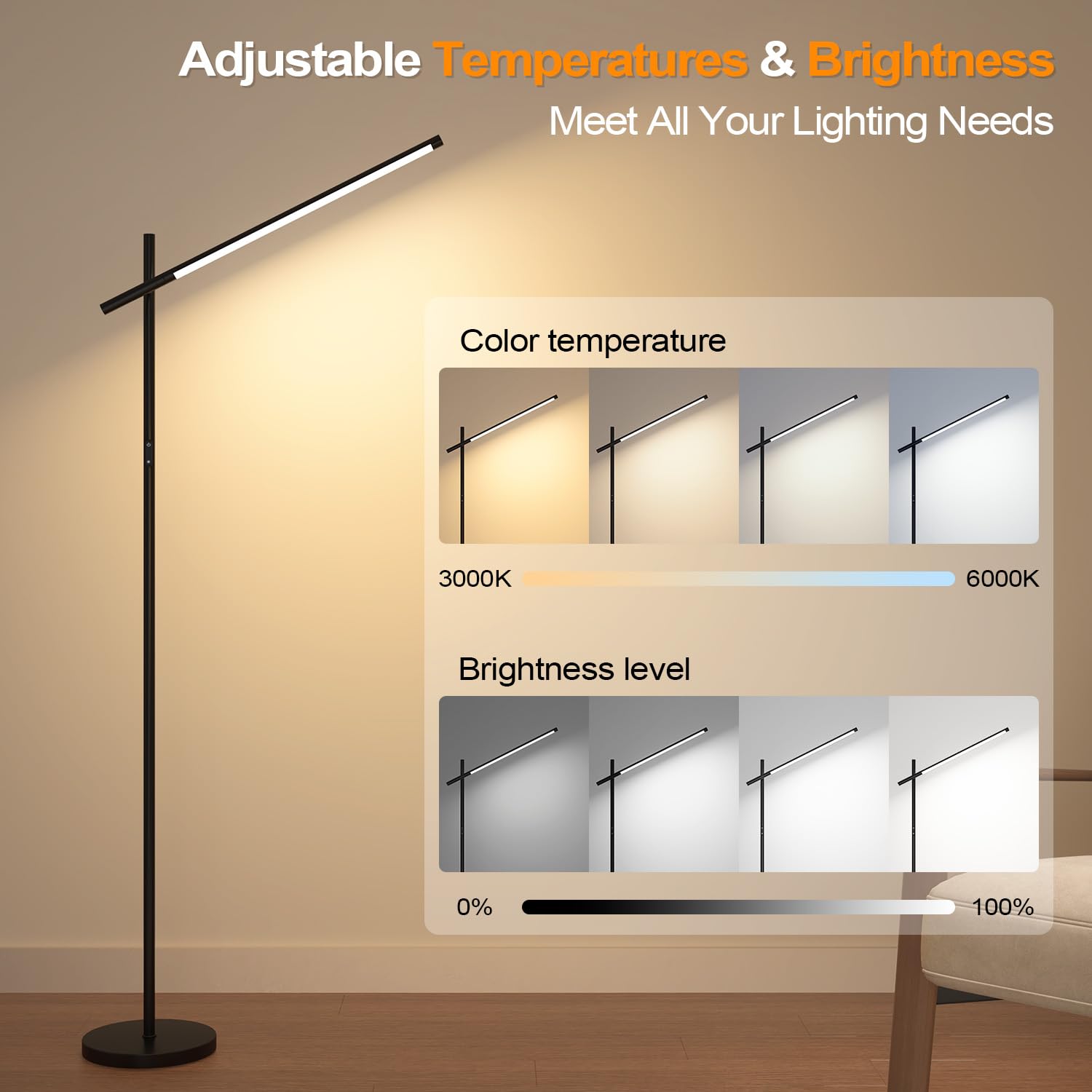 Nintiue corner floor lamp illustrating warm to cool color temperature range
