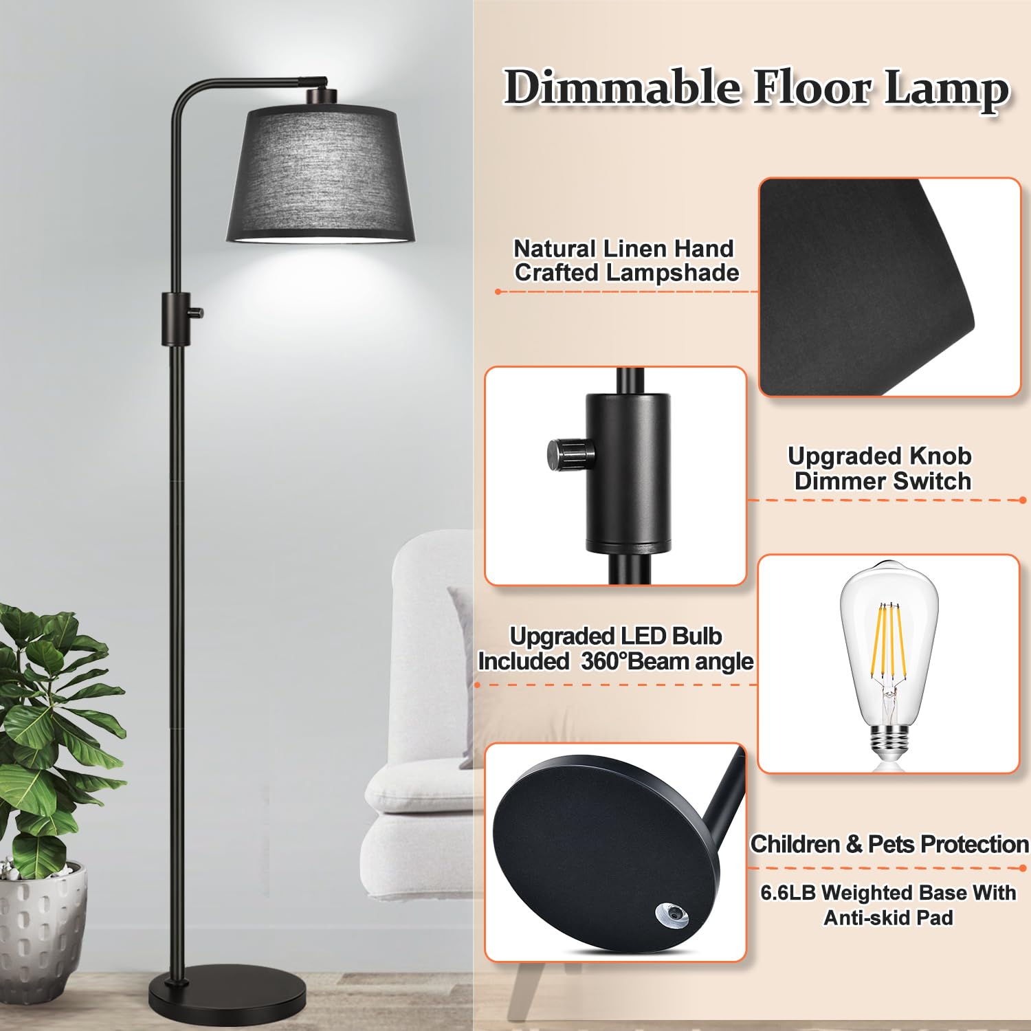 Nintiue sturdy heavy-base floor lamp with long 5.9 ft cord