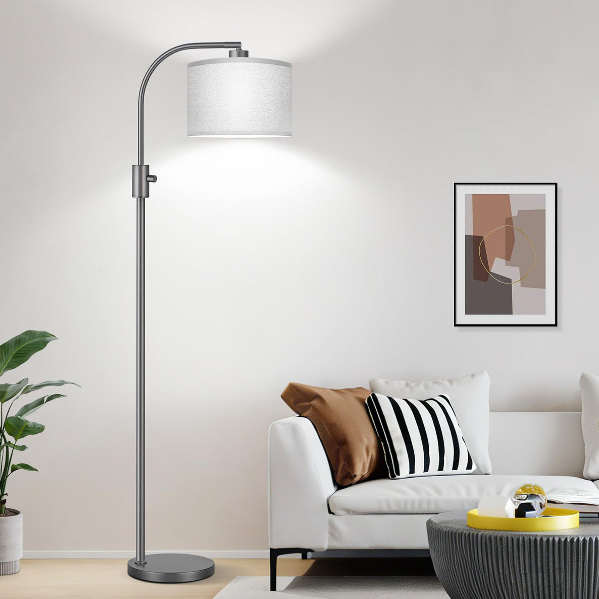 Nintiue arc floor lamp with gray shade, front view, ideal for reading